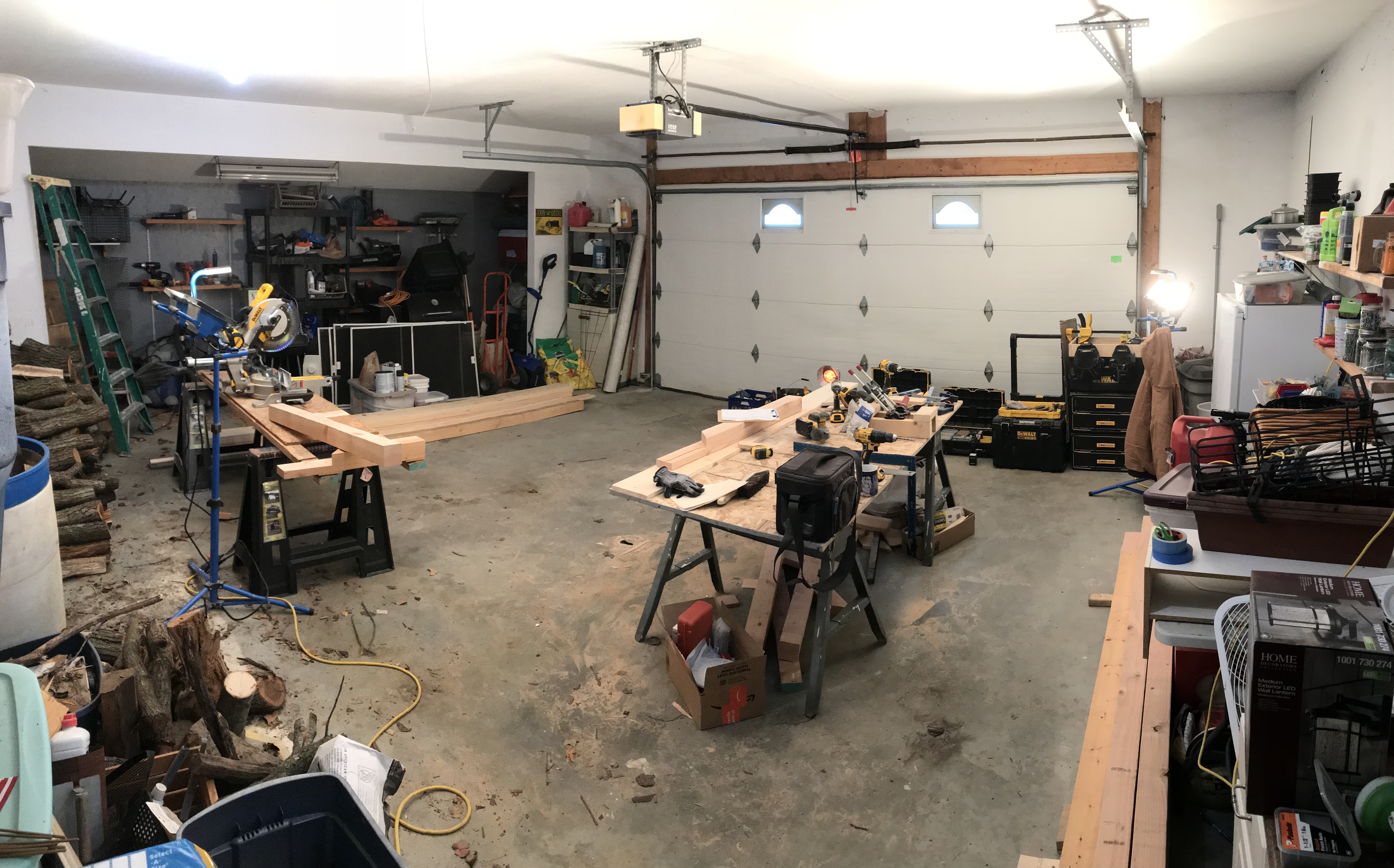 Garage with construction tools in it. 