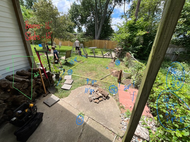 Picture of the patio area and the measurements needed to plan for the construction project.